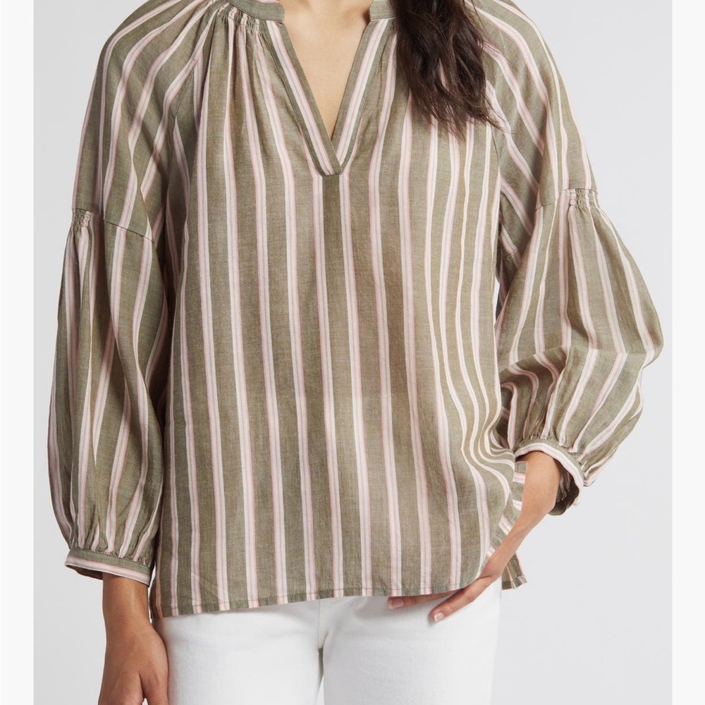 Striped Olive and Pink Women's Popover Top Caslon XL